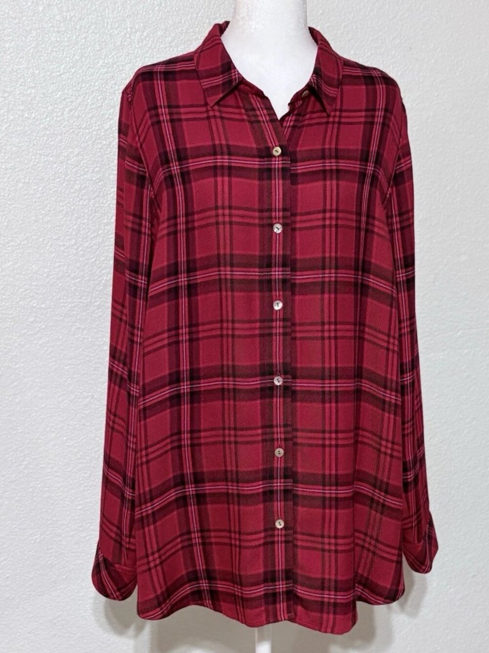J Jill Sz L Red Black Longline Tunic Shirt Plaid Button Down Long Sleeve Collar